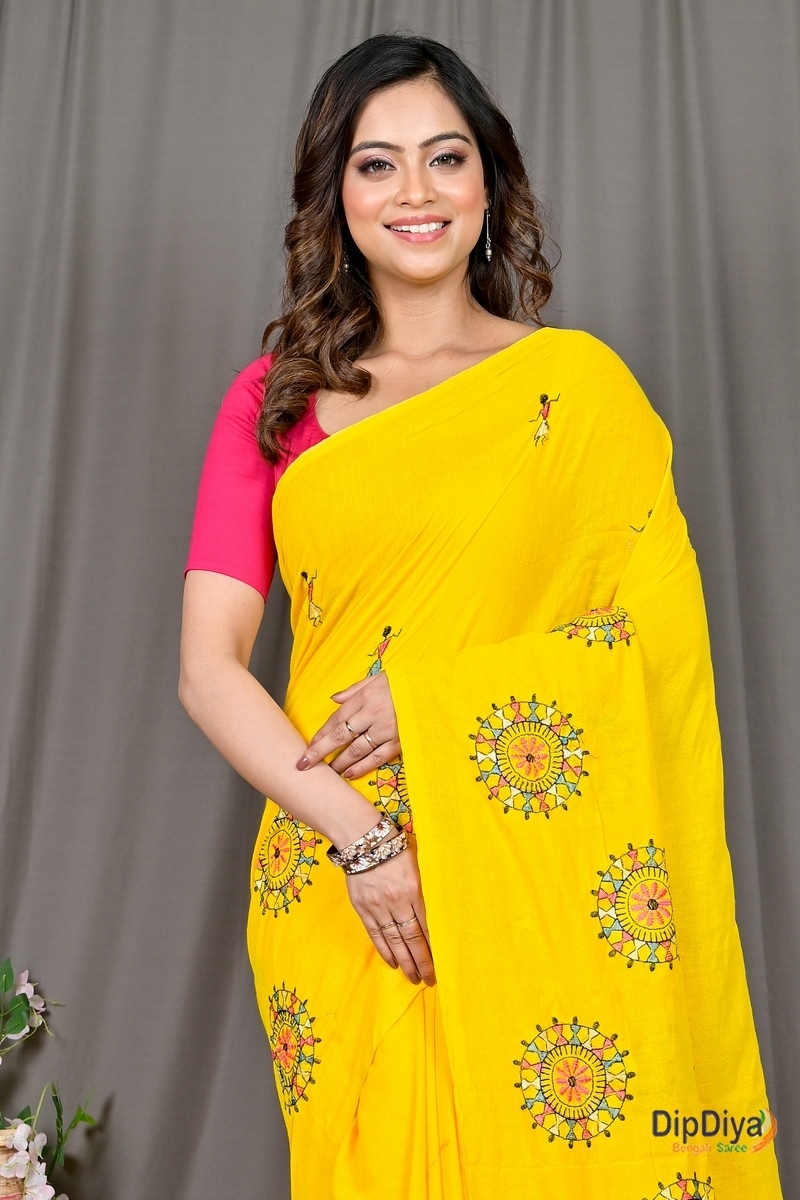 Yellow Pure Cotton Parama Embroidery Handloom saree (283)